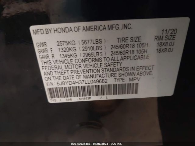 5J8YD4H37LL049682 Acura Mdx Standard