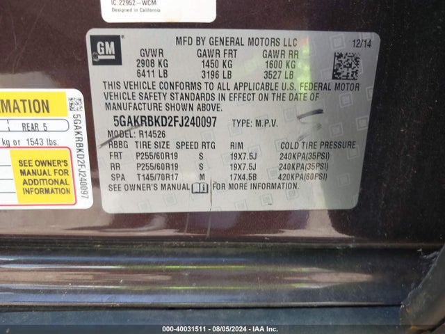 5GAKRBKD2FJ240097 Buick Enclave Leather