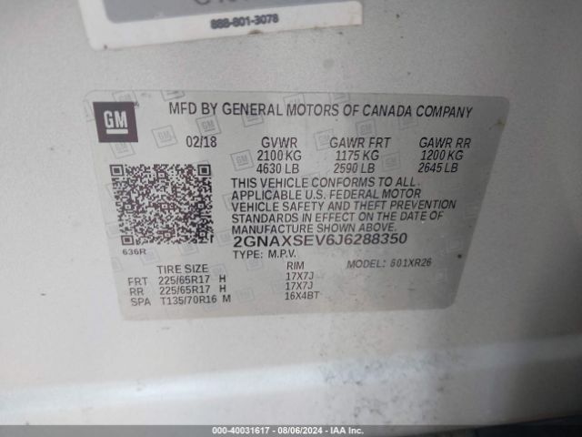 2GNAXSEV6J6288350 Chevrolet EQUINOX LT