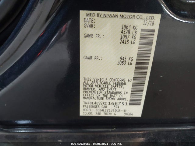 Nissan Altima 2.5 Sl 2019 1N4BL4EV2KC166751 Image 9