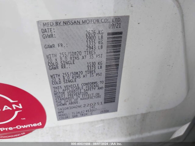 Nissan Pathfinder Platinum 2wd 2022 5N1DR3DH2NC220251 Image 9