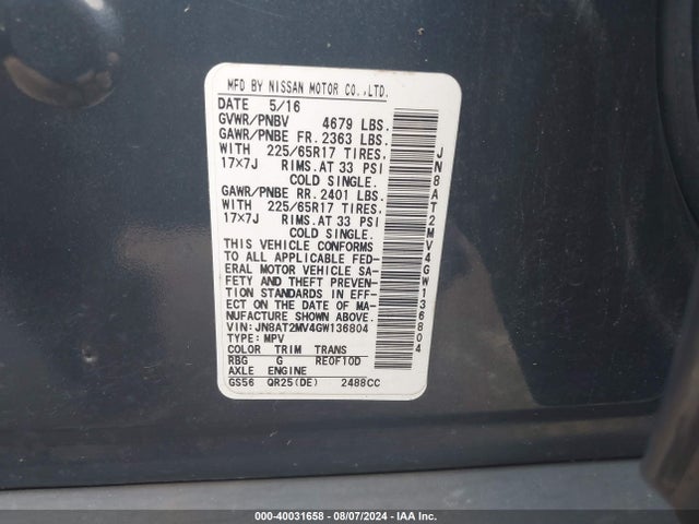 Nissan ROGUE S 2016 JN8AT2MV4GW136804 Image 9