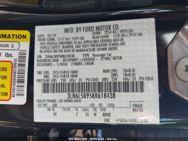 3LN6L5B95KR618438 Lincoln Mkz Standard