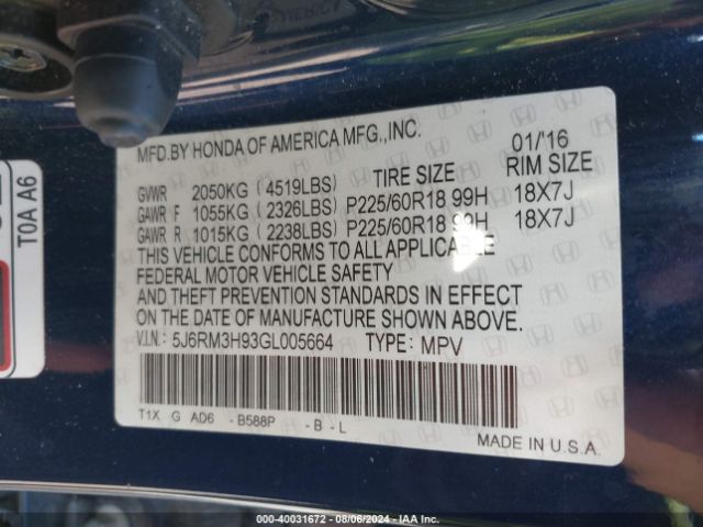 5J6RM3H93GL005664 Honda Cr-v Touring