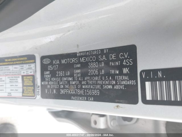 3KPFK4A78HE156989 KIA FORTE LX
