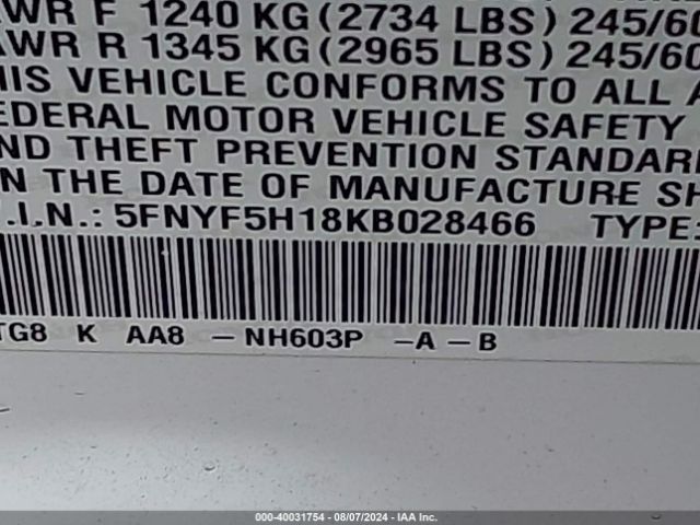 5FNYF5H18KB028466 Honda PILOT LX