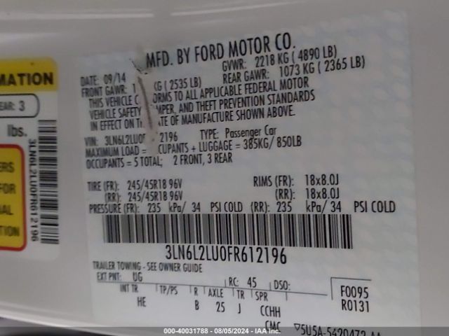 3LN6L2LU0FR612196 Lincoln MKZ HYBRID