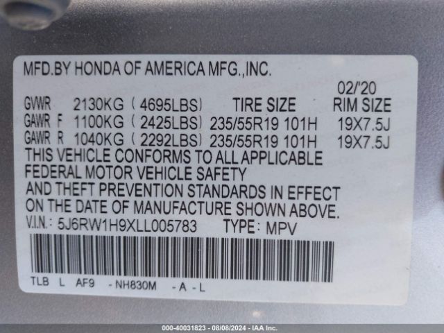 5J6RW1H9XLL005783 Honda Cr-v 2wd Touring