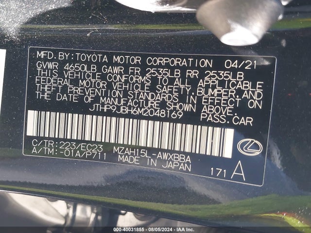 Lexus UX 250H 2021 JTHP9JBH6M2048169 Image 9