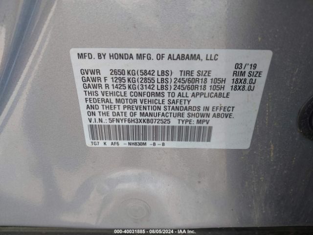 5FNYF6H3XKB072525 Honda Pilot Ex