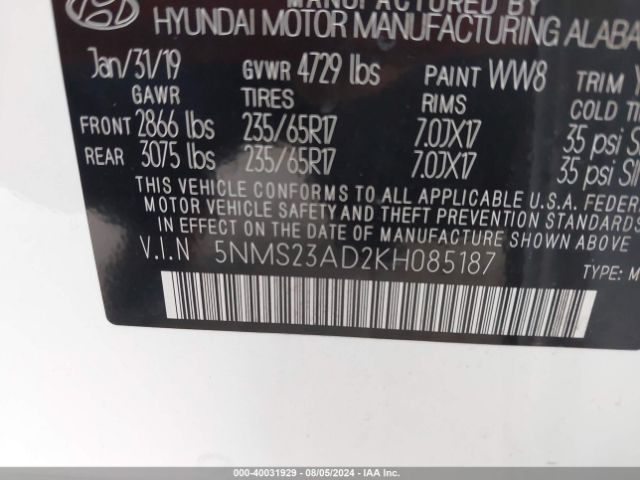 5NMS23AD2KH085187 Hyundai Santa Fe Se