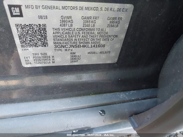 Chevrolet TRAX LS 2019 3GNCJNSB4KL141608 Image 9