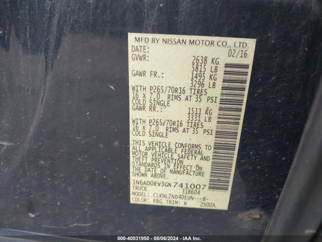 Nissan Frontier Pro-4x/s/sl/sv 2016 1N6AD0EV3GN741007 Image 9