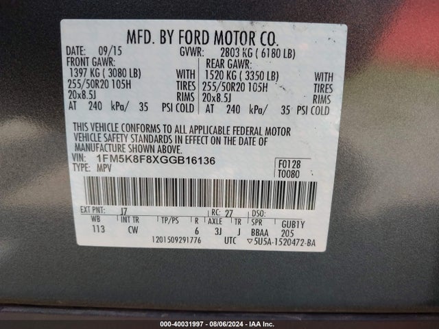 Ford Explorer Limited 2016 1FM5K8F8XGGB16136 Image 9