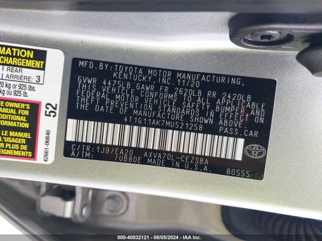 Toyota CAMRY SE 2021 4T1G11AK7MU521258 Image 9