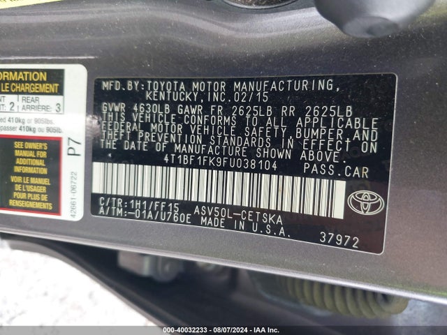 Toyota CAMRY SE 2015 4T1BF1FK9FU038104 Image 9