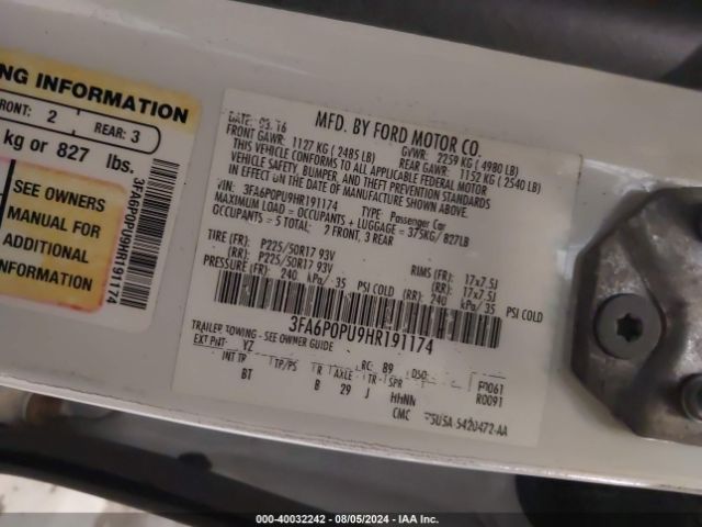 3FA6P0PU9HR191174 Ford Fusion Energi Se Luxury