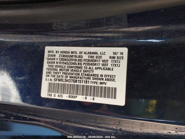 5FNRL5H37GB151181 Honda ODYSSEY SE