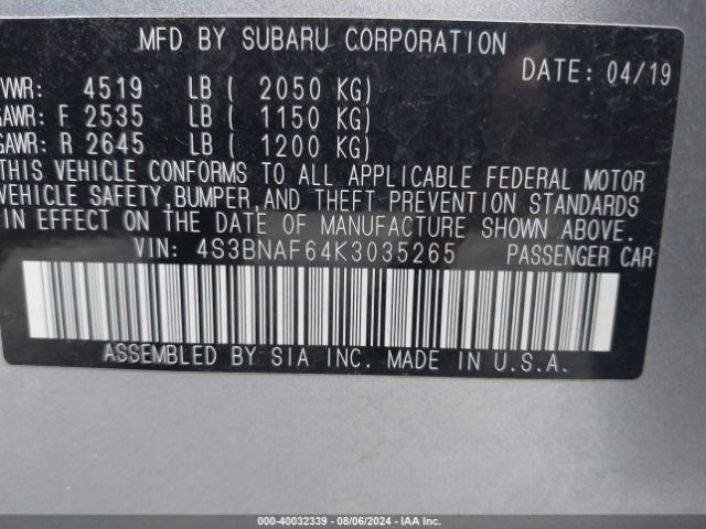 4S3BNAF64K3035265 Subaru Legacy 2.5i Premium