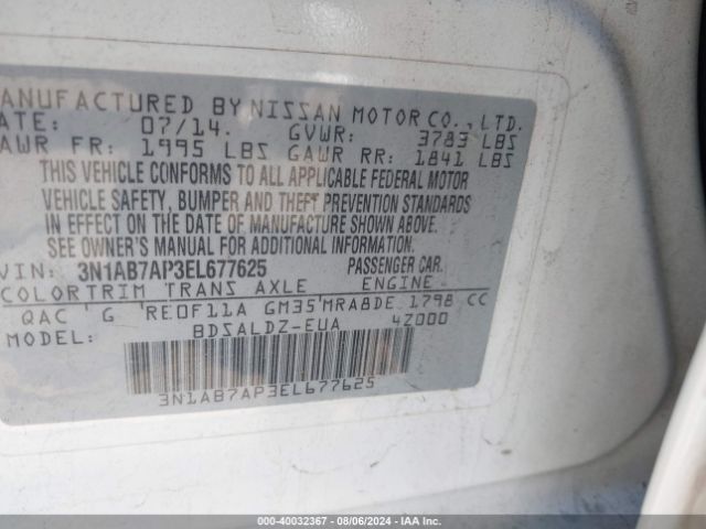 3N1AB7AP3EL677625 Nissan Sentra Fe+ S/fe+ Sv/s/sl/sr/sv
