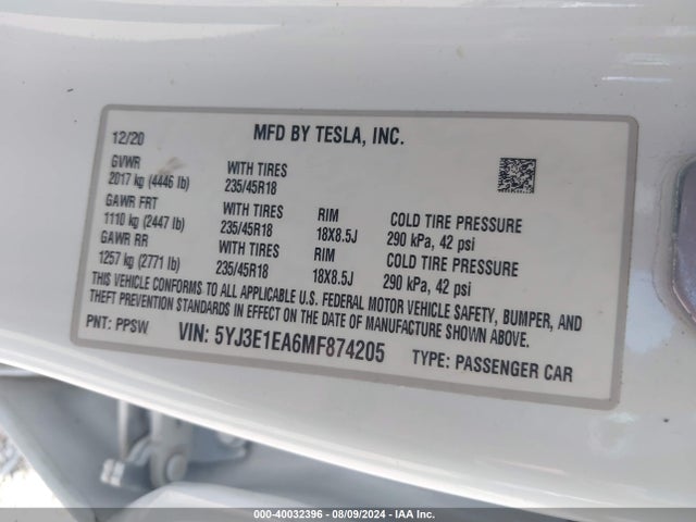 5YJ3E1EA6MF874205 Tesla Model 3 Standard Range Plus Rear-wheel Drive