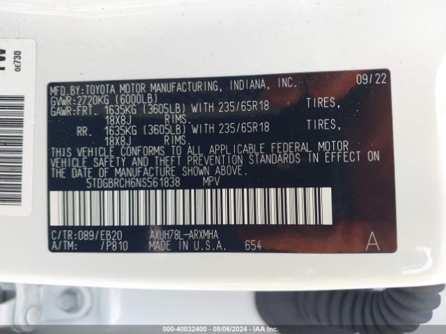 5TDGBRCH6NS561838 Toyota Highlander Hybrid Xle