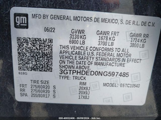 3GTPHDED0NG597485 GMC Sierra 1500 2wd  Short Box Slt