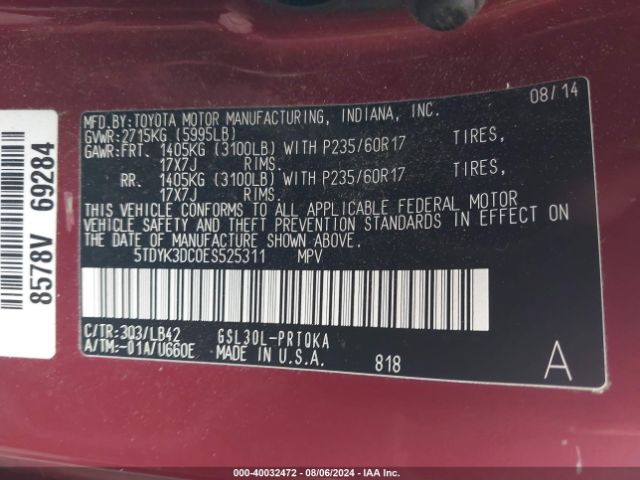 5TDYK3DC0ES525311 Toyota Sienna Xle V6 8 Passenger