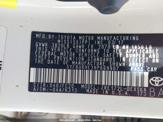 Toyota COROLLA SE 2017 5YFBURHE2HP669907 Image 9