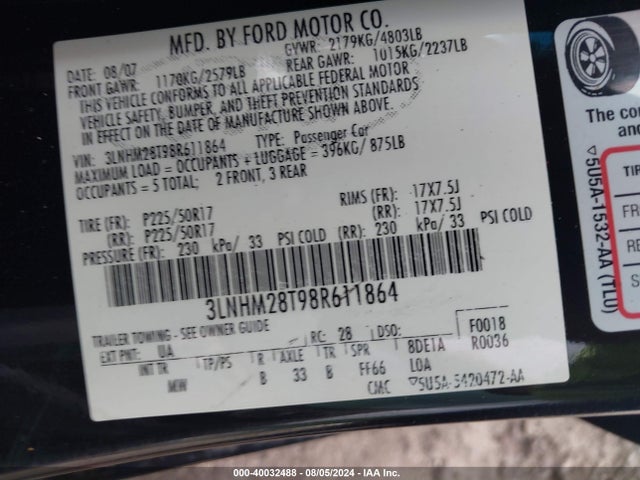 Aukcja sprzedaży 2008 Lincoln Mkz, vin: 3LNHM28T98R611864, numer aukcji: 40032488