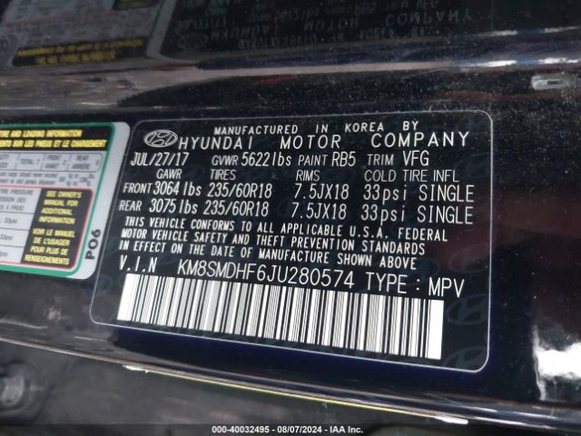 KM8SMDHF6JU280574 Hyundai Santa Fe Se