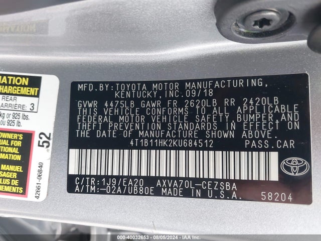 Toyota CAMRY SE 2019 4T1B11HK2KU684512 Image 9