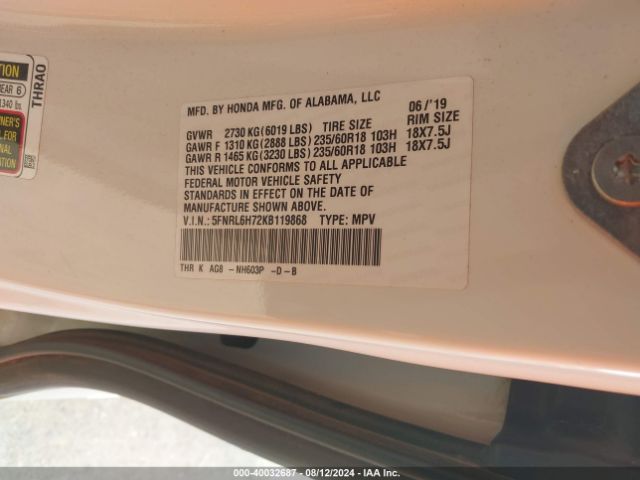 5FNRL6H72KB119868 Honda Odyssey Ex-l