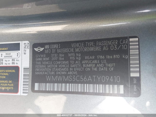 2010 MINI COOPER S WMWMS3C56ATY09410 Photo 8