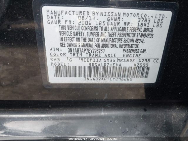 3N1AB7AP7EY298260 Nissan SENTRA SV