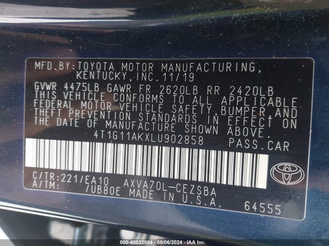 Toyota CAMRY SE 2020 4T1G11AKXLU902858 Image 9