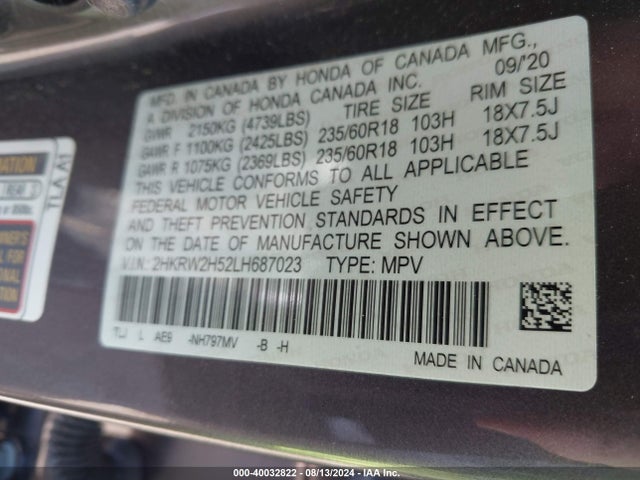 Honda Cr-v Awd Ex 2020 2HKRW2H52LH687023 Image 9