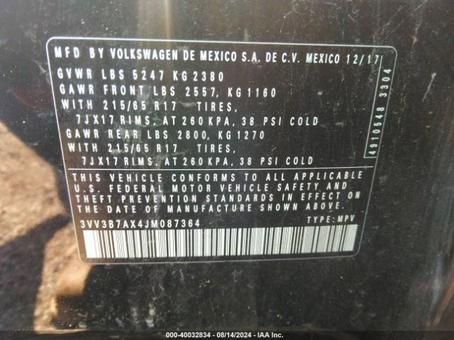 3VV3B7AX4JM087364 Volkswagen Tiguan 2.0t Se/2.0t Sel