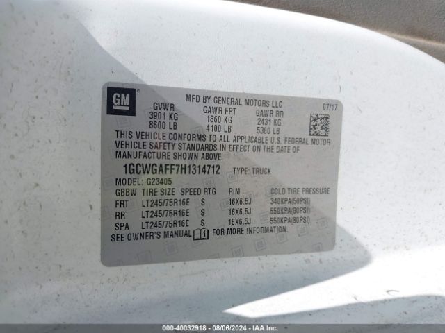 1GCWGAFF7H1314712 Chevrolet Express 2500 Work Van