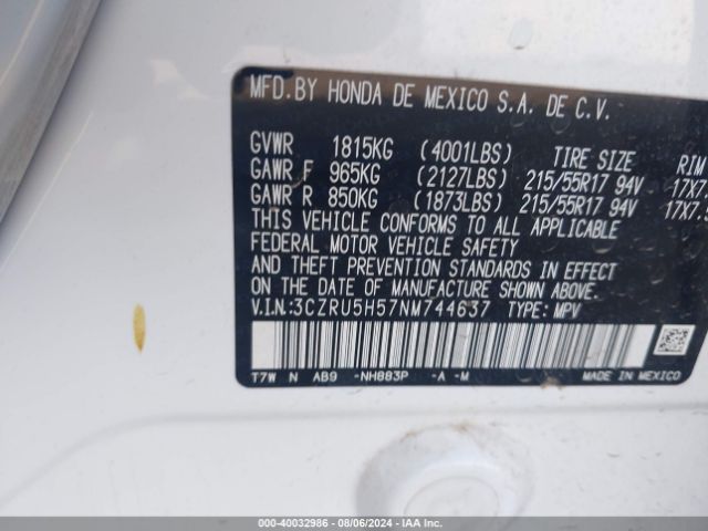 3CZRU5H57NM744637 Honda Hr-v 2wd Ex