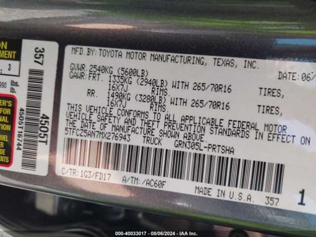 5TFCZ5AN7MX276943 Toyota Tacoma Trd Off-road