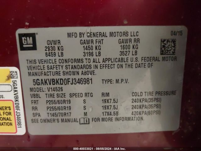 5GAKVBKD0FJ346981 Buick Enclave Leather