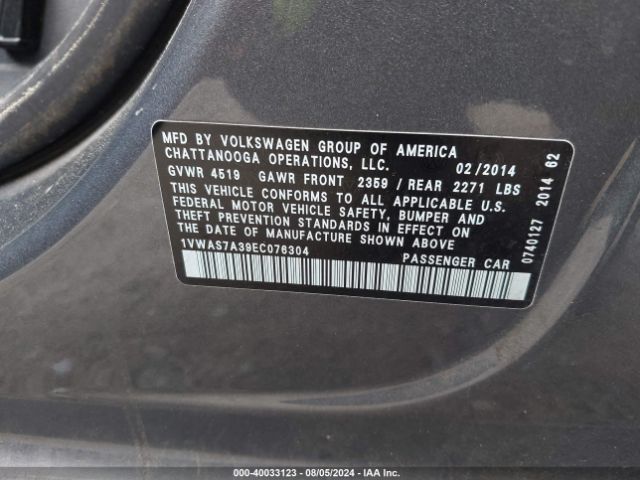 1VWAS7A39EC076304 Volkswagen Passat 1.8t Wolfsburg Edition