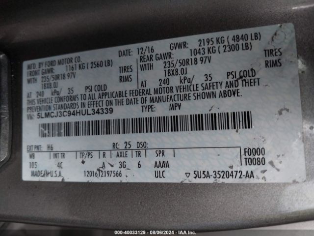 5LMCJ3C94HUL34339 Lincoln Mkc Reserve