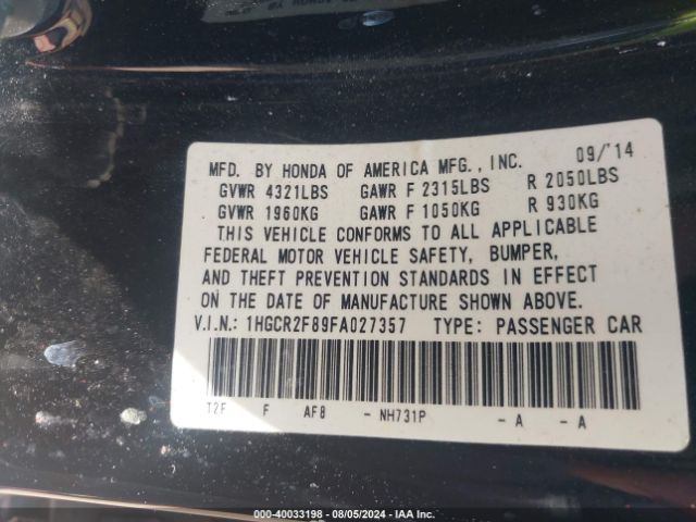 1HGCR2F89FA027357 Honda Accord Ex-l