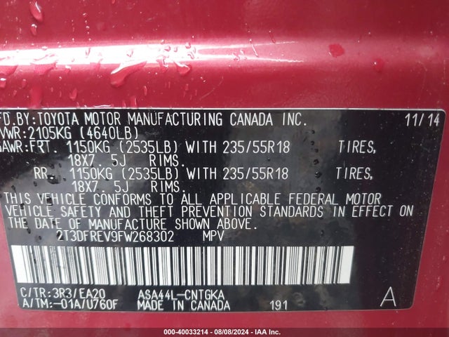 Toyota Rav4 Limited 2015 2T3DFREV9FW268302 Image 9
