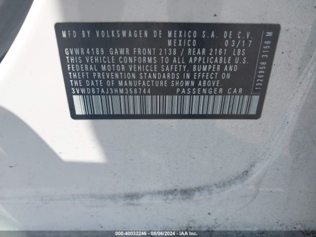 3VWDB7AJ3HM358744 Volkswagen Jetta 1.4t Se