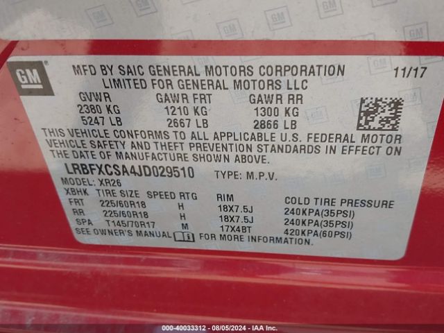 LRBFXCSA4JD029510 Buick Envision Preferred
