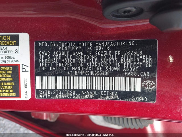 Toyota CAMRY SE 2017 4T1BF1FK9HU656400 Image 9