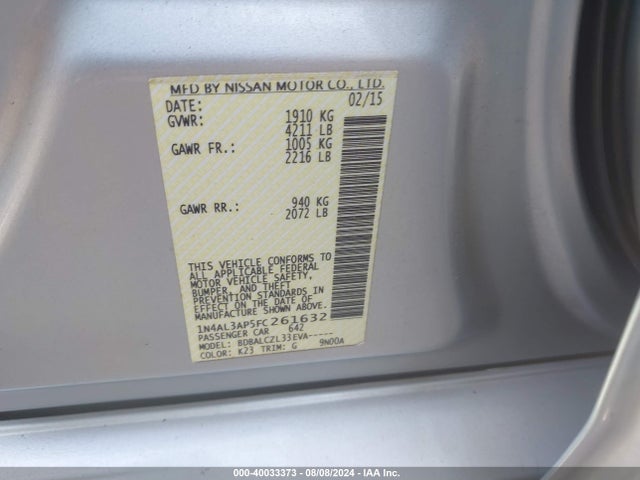 Nissan Altima 2.5/2.5 S/2.5 Sl/2.5 Sv 2015 1N4AL3AP5FC261632 Image 9